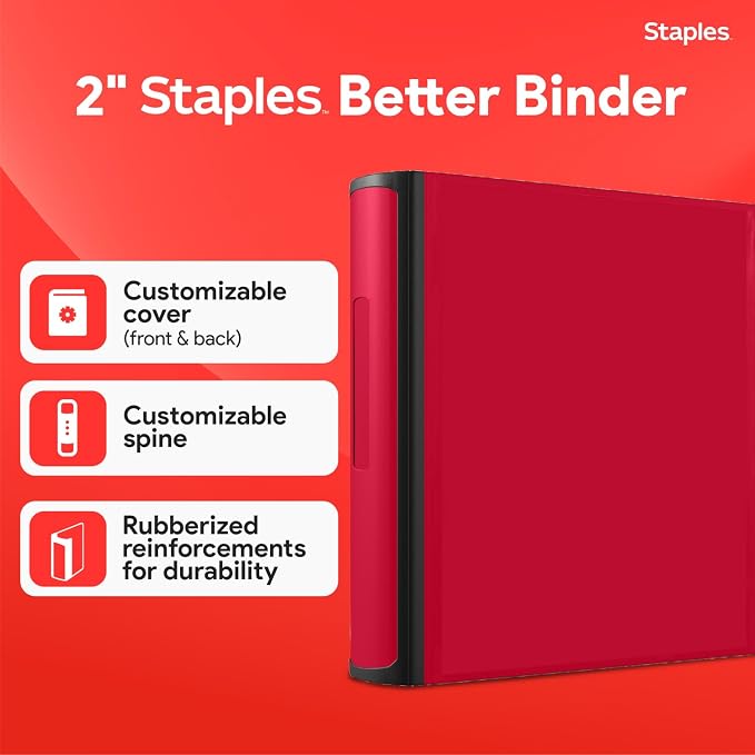 Staples Heavy-Duty 2-Inch D-Ring Binder, Red – 3-Ring Binder with Pockets, Holds Up to 540 Sheets for School & Office