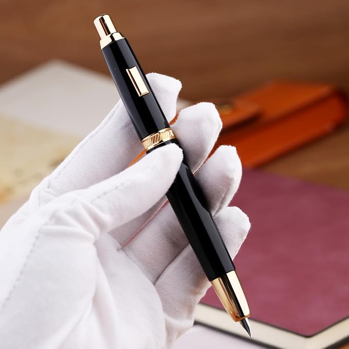 Majohn A1 Press Fountain Pen Fine Nib with Converter, Retractable Black Golden Writing Set (No Clip Version)