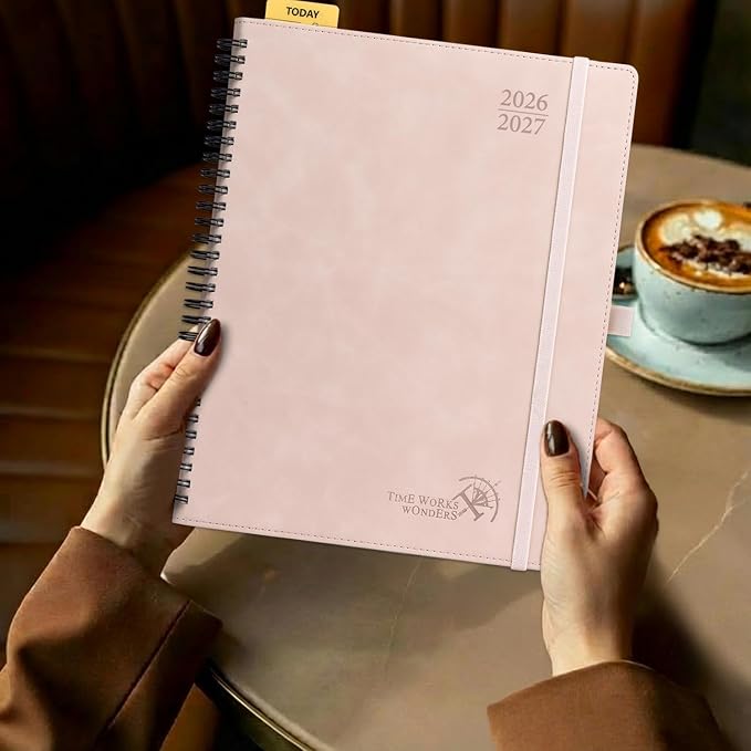 POPRUN Weekly Planner 2026-2027 (July 26-June 27), Large-8.5" x 10.5", Academic Agenda 2026-2027 Calendar Notebook Planner for School, College, Spiral Leather Softcover, 100GSM - Pink