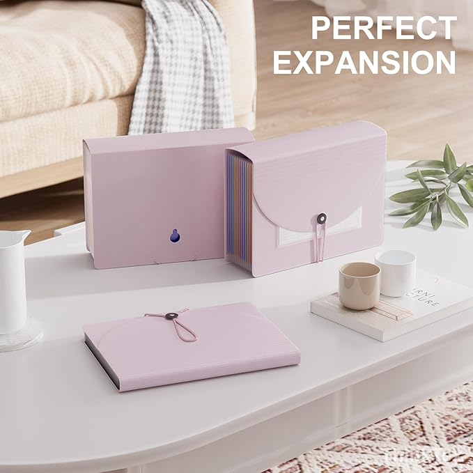 ThinkTex Accordion File Organizer, 12 - Pocket Expanding File Folders | for Receipts, Bills & Taxes Organizer, Letter/A4 Size Document Holder for School, Office, Home with tabs-Pinkish Purple
