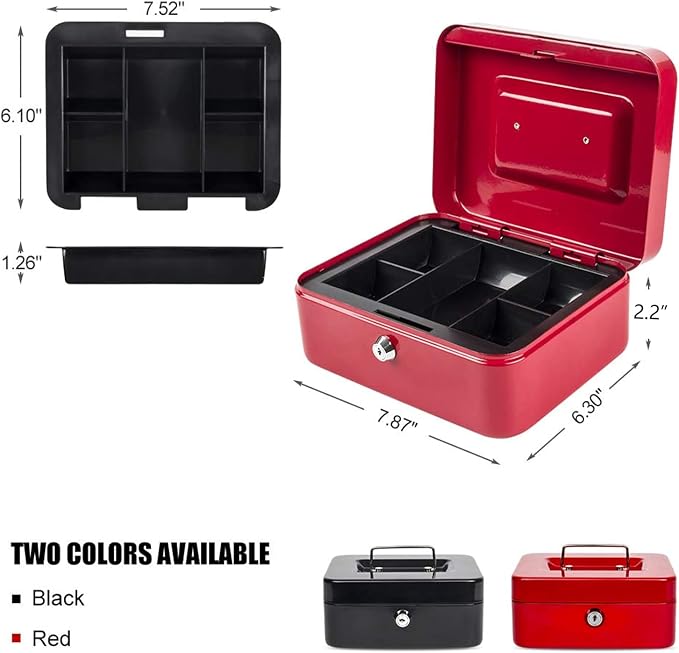 Kyodoled Medium Cash Box with Money Tray,Small Safe Lock Box with Key,Cash Drawer,7.87"x 6.30"x 3.54" Red Medium