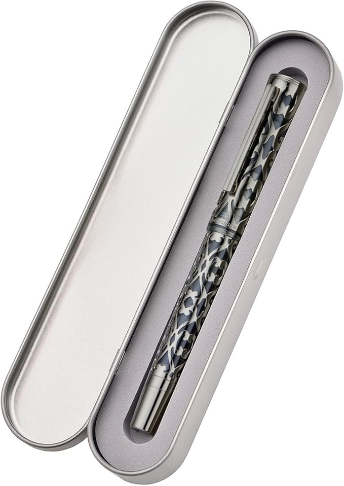 HONG DIAN D1 Piston Fountain Pen Fine Soft Nib, Jet Black Hollow Skeleton & Resin Pen with Metal Case Set