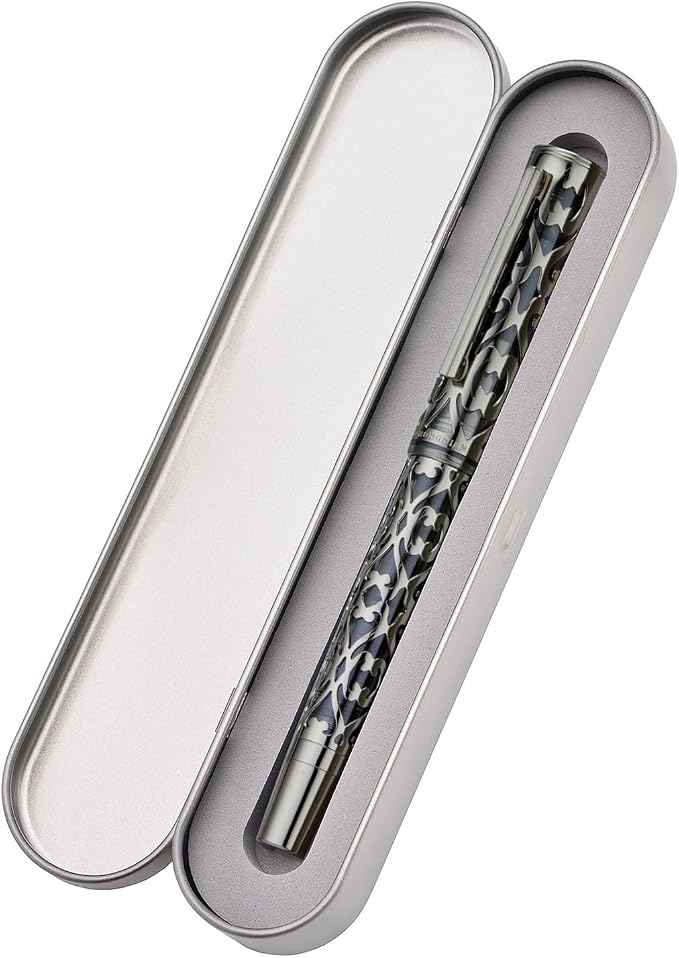 HONG DIAN D1 Piston Fountain Pen Extra Fine Soft Nib, Jet Black Hollow Skeleton & Resin Pen with Metal Case Set