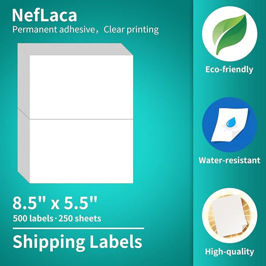 Half Sheet Label,Mailing Label,Address Labels 2-UP,NefLaca White Shipping Labels,250 Sheets in Total(5.5"x 8.5"),Printable Sticker Paper for Laser & Inkjet Printer(500 Labels)