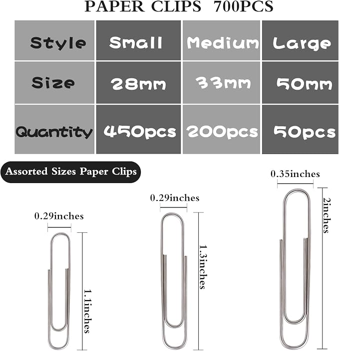 Wakawaga 700pcs Paper Clips Assorted Sizes Large (700PCS) | Assorted 3 Sizes Sturdy Metal Divided Box Great Value Office School Docs Snacks Daily Use