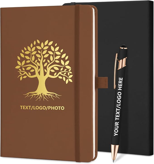 ENOMY Personalized Notebook 10 PC Pens Custom Notebook with Pen Holder Personalized Journal Strap Design for Men Women Ideal Gift, Brown