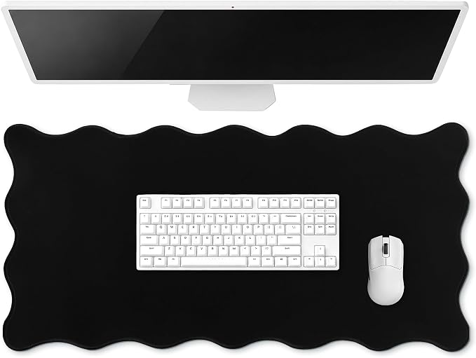 Hahafelt Scalloped Desk Mat Large Desk Pad Cute Coquette Table Mat Back to School Preppy Table Make up Pad Nonslip Graduation Gift with Stitching Waterproof Gaming(Black,31.5 x 15.8 Inches)