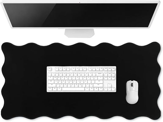Hahafelt Scalloped Desk Mat Large Desk Pad Cute Coquette Table Mat Back to School Preppy Table Make up Pad Nonslip Graduation Gift with Stitching Waterproof Gaming(Black,31.5 x 15.8 Inches)
