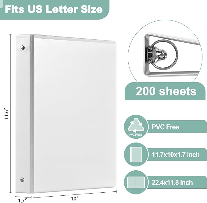 SUIN 1-Inch 3-Ring-Binder, Customizable Clear View Cover, for US Letter Size 8-1/2 x 11'', Perfect for Office/School (White - 12 Packs)