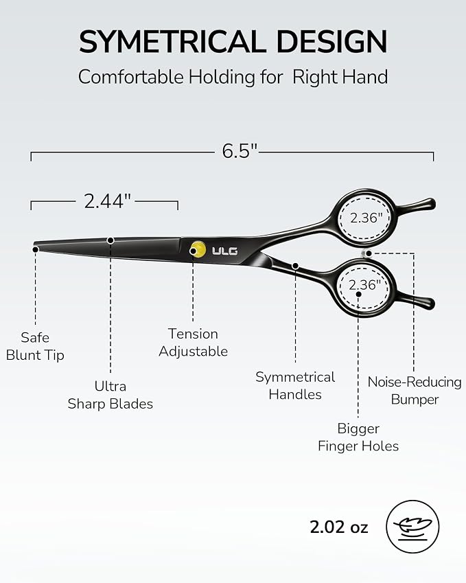 Hair Cutting Scissors, ULG Professional Hair Scissors 6.5” Black | Right-Hand, Razor Edge Barber Shears, For Salon and Home Hair Cutting Shears, Japanese Stainless Steel, Hand Sharpened