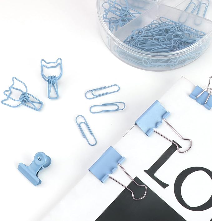 Paper Binder and Clips Set, Metal Assorted Sized Binders with Push Pins, Cute Office Supplies, Teacher Desk Must Haves, Cute Desk Accessories (72, Blue, 1 Pack)