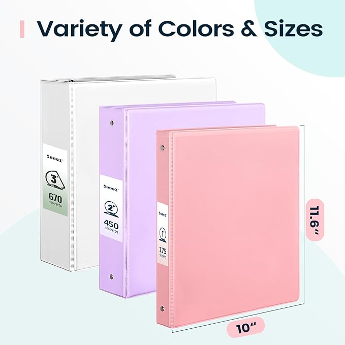2 Pack BinderX Extra Durable 3 Ring Binder, 1 Inch Binder Round Rings, Fits 350 Sheets of 8.5x11 Paper, Customizable View Cover with Inside Pockets, Cute 1 Inch Binders 3 Ring, Pink & Blue