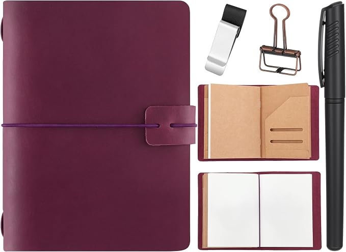 Thenshop Travelers Refillable Leather Journal Notebook Travel Diary Handmade Passport Travelers Journal for Men and Women with 3 Notebook Inserts, Pen Holder, Binder Clip (Purple,Passport Size)
