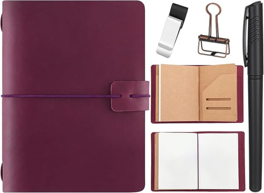Thenshop Travelers Refillable Leather Journal Notebook Travel Diary Handmade Passport Travelers Journal for Men and Women with 3 Notebook Inserts, Pen Holder, Binder Clip (Purple,Passport Size)