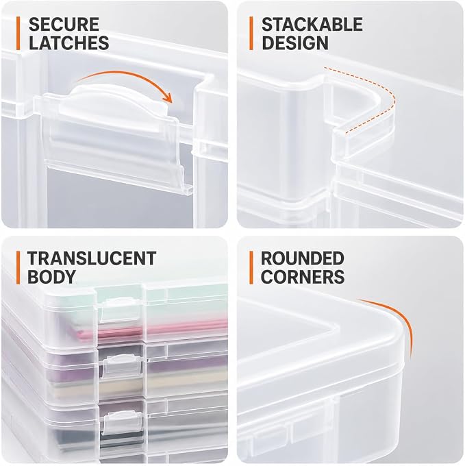 CraftGenes 4 Pack Scrapbook Paper Storage Boxes for Letter and A4 Paper | 1.8 in deep stackable cases fit 8.5 x 11 and A4 paper, with secure snap latches, translucent bodies and labels included
