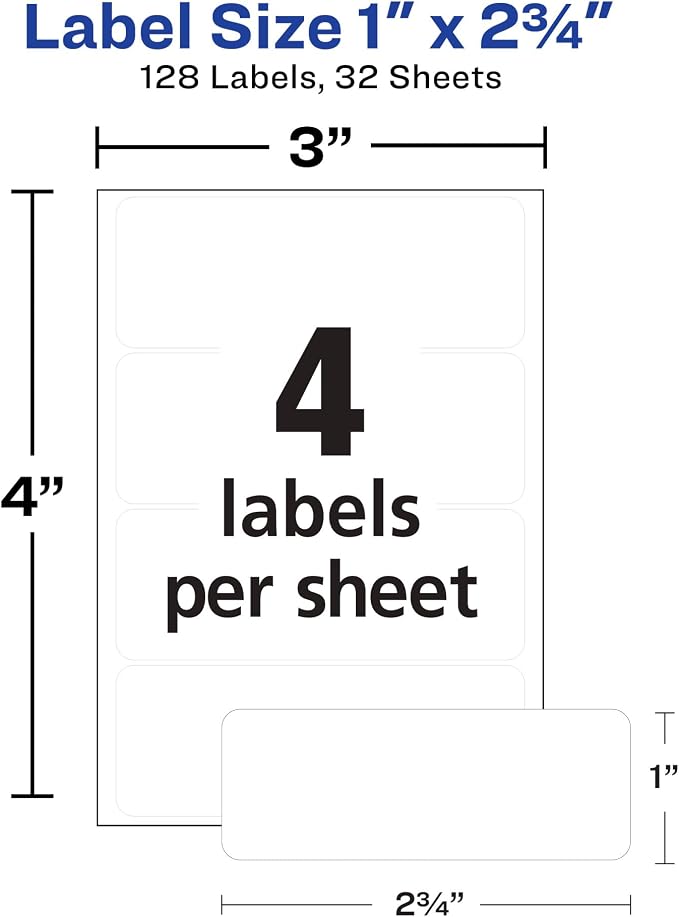Avery Multi-Use Permanent Labels, 1" x 2.75", White, Non-Printable, 128 Blank Labels Total (6113)