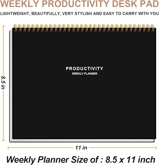 Weekly Productivity Planner - 8.5" x 11" Dashboard Desk Notepad Has 6 Focus Areas to List Tasks for Goals, Projects, Clients, Academic or Meal-Organize Your Daily Work Efficiently, 54 Weeks, Black