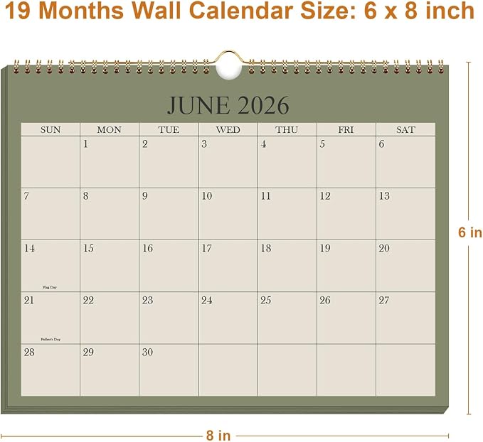 Small Wall Calendar 2026-2027 - Mini Calendar 2026-2027 from July 2026 - December 2027, 19 Months Little Calendar with Premium Paper, 6" x 8", Green