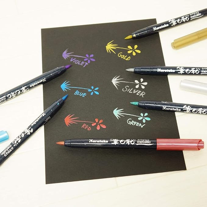 Kuretake ZIG FUDEBIYORI Flexible Brush Pens Metallic 6 colors set, perfect forProfessional, Art Drawing, calligraphy, Leetring, journaling, Made in Japan