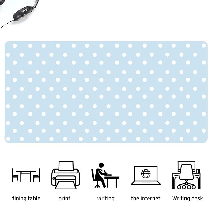 White Polka Dot Leather Desk Mat Extended Gaming Mouse Pad | Non-slip Large Writing Pad Laptop Blotter Computer Keyboard Mat | Cute Blue Desk Protector for Home Office 23.6" x 11.8"