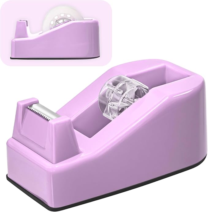 Desktop Office Tape Dispenser, Fits Standard 1-Inch Core Tapes, Weighted Base, Sharp Metal Blade, Smooth Cutting, Adhesive Roll Holder for Office, School, Shop, Home & Business - Purple