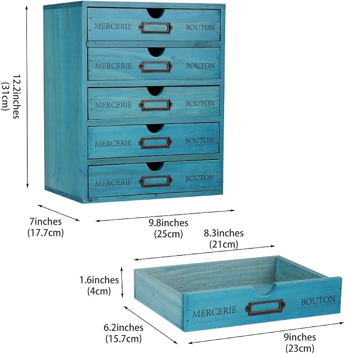 Wooden Storage Box with 5 Drawers Apothecary Drawers Vintage Wooden Drawers Wood Desktop Organizer with Drawer Library Card Catalog Cabinet Apothecary Cabinet （BLUE）
