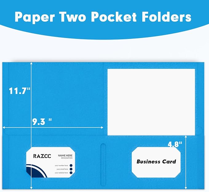 Two Pocket Folders, RAZCC 50 Pack 2 Pocket Folders Fit Letter Size Paper, Paper Folders with Pockets for School Office Business Home (Blue)