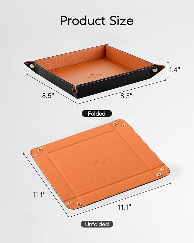 VLANDO Travel Valet Tray, Foldable PU Leather Catchall Tray, Orange Black | Valet Tray for Men and Women, Key Wallet Watch Phone Jewelry Organizer for Nightstand, Dresser, Desk, Entryway, Hotel, Dorm