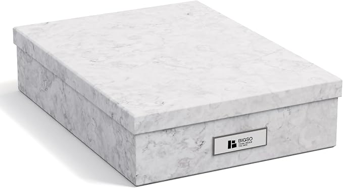 Bigso Oskar Fiberboard Label Frame Document Letter Box for Important Paperwork A4 or Letter Size - Durable Keepsake Box with Lid and Metal Label Holder - 3.3in x 10.2in x 13.8in - Marble