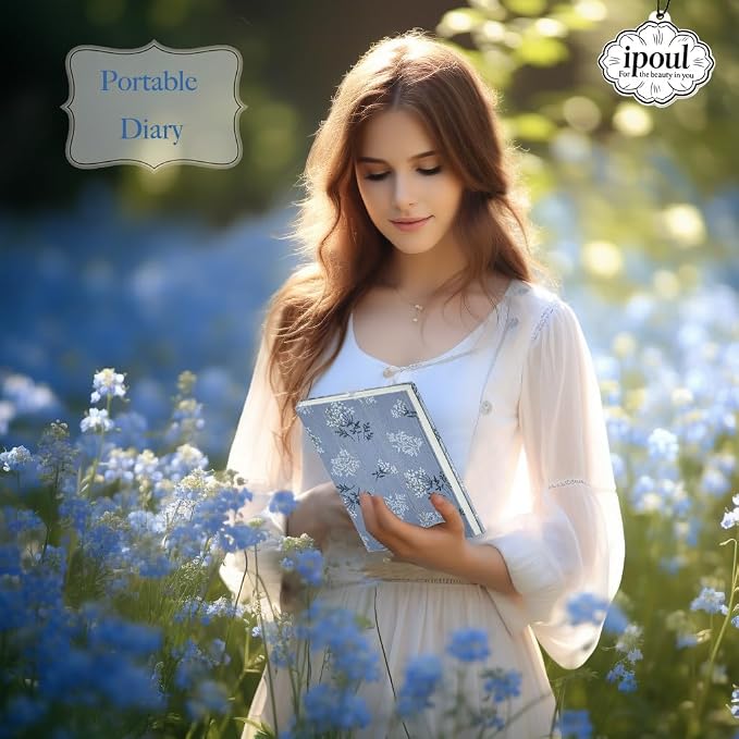 Floral Hardcover Journal for Writing, Lined Notebook for women, A5, 200 Pages, 6x8 Medium Size Notebook, Floret Printed Fabric Linen Personal Journal, Lay Flat Notebook, Reading Journal, Blue.