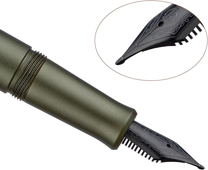 HONG DIAN M2 Black Forest Mini Fountain Pen, Long Blade Nib & Sleek Shape Aluminium Short Pocket Travel Pen (Army Green)