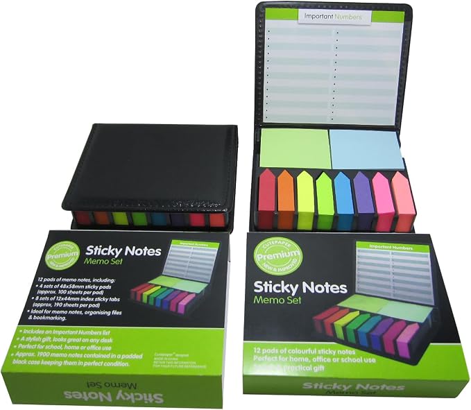 Cute Paper Cute Boxed Self Sticky Notes Set, 2000 Pages Colorful Tape Flags, Arrow Flags Colored Labels with Memo Pads, 12 Colors Makers Tabs with Mini Design Plastic Holder Box Ider by Cutepaper