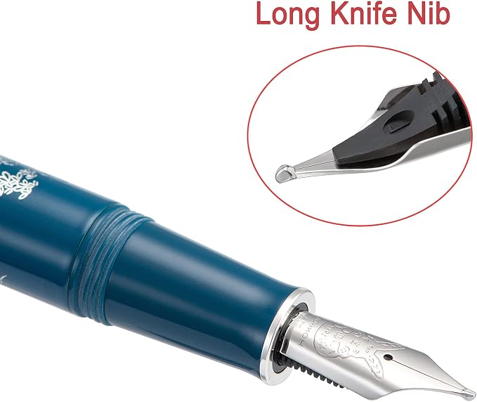 HONG DIAN N23 Blue Rabbit Fountain Pen, Long Blade Medium Nib Silver Trim, New Year Lucky Rabbit Carving Design, Smooth Writing Pen with Converter and Metal Pen Box Set