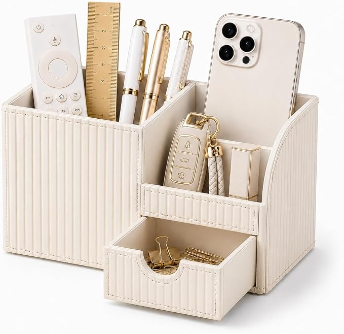 KINGFOM Luxury PU Leather Desk Organizer with Drawer, Modern Aesthetic Office Desk Accessories for Women, Multi-Compartment Pen Holder & Desktop Storage Organizer for Home Office, Cream White