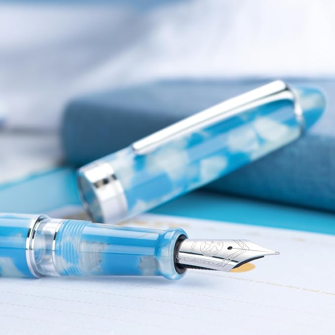Asvine P50 Piston Fountain Pen Bock Fine Nib Sky Blue Resin, Silver Trim Smooth Writer Collection with Pen Case Gift Set