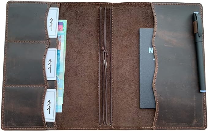 newestor Travelers Notebook Cover with Inner Pockets, Card Slots and Pen Holder, A5 Size, Dark Brown