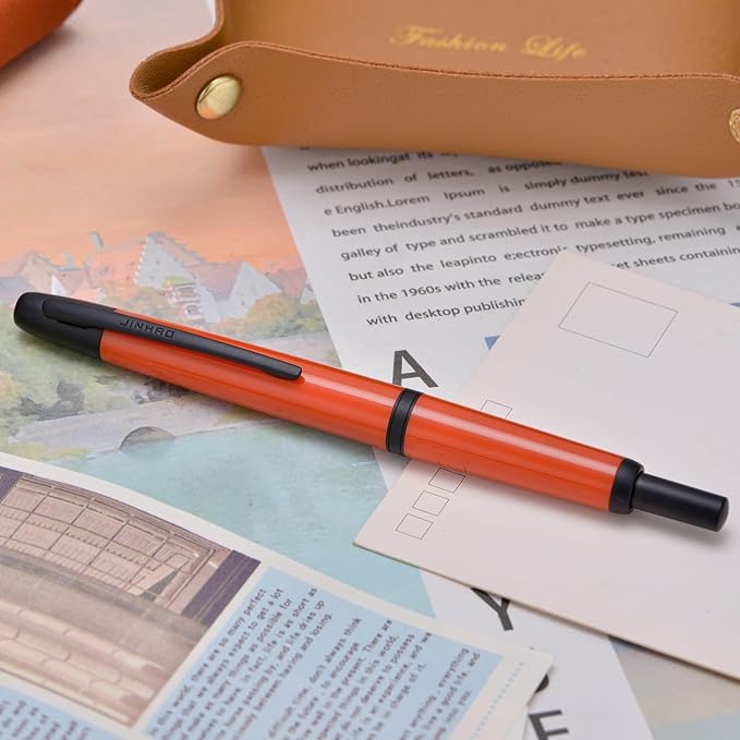 Jinhao 20 Press Retractable Fountain Pen Fine Nib with Converter Resin Writing Gift Pen, Dark Red with Black Clip