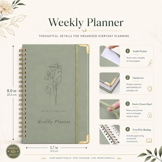 KAICN Undated Weekly Planner with To-Do List & Habit Tracker, 6" x 8" | 52-Week, 2-Page Weekly Spreads, No-Bleed Paper, Smooth Writing, Inner Pocket, Metal Corner Protector, Elastic Closure