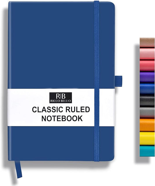 RICCO BELLO Lined Journal Notebook, Royal Blue, 5.7 x 8.4-Inches | Faux Leather Hardcover, Pen Holder, College Ruled, 96 Sheets / 192 Pages, For Work & Notes
