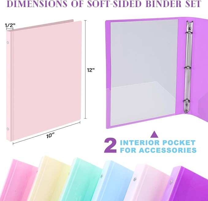 Fulmoon 6 Pack Plastic 3 Ring Binder Assorted Colors Economy Flexible Round Ring Presentation Binders with Pocket for Office School Meeting(1.5 Inch,Pastel Colors)