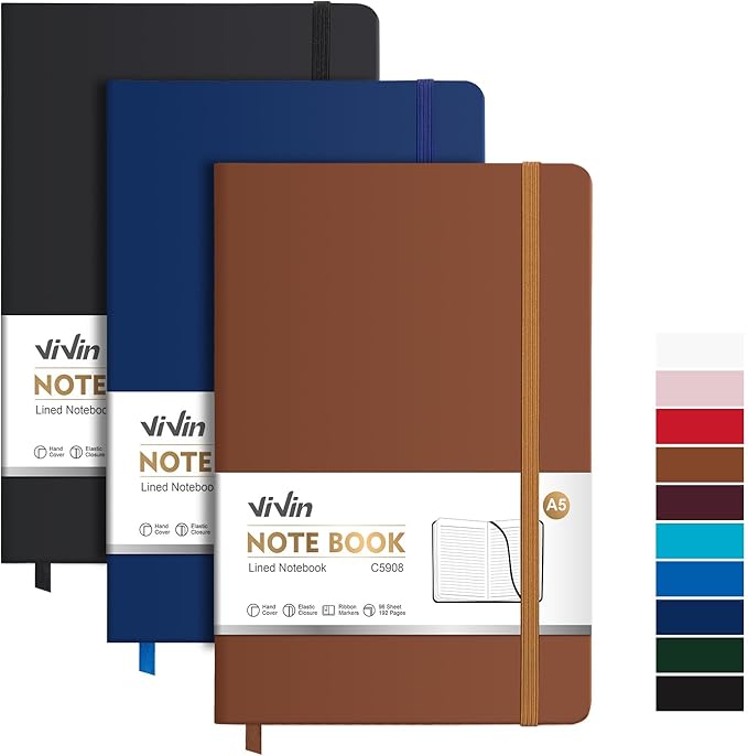 ViVin Lined Journal Notebooks,3 Pack,192 Pages,Medium 5.5 x 8.3 inch,College Ruled,A5 Hardcover Notebooks,Journaling Notebooks for Professional Office Work,Writing, School