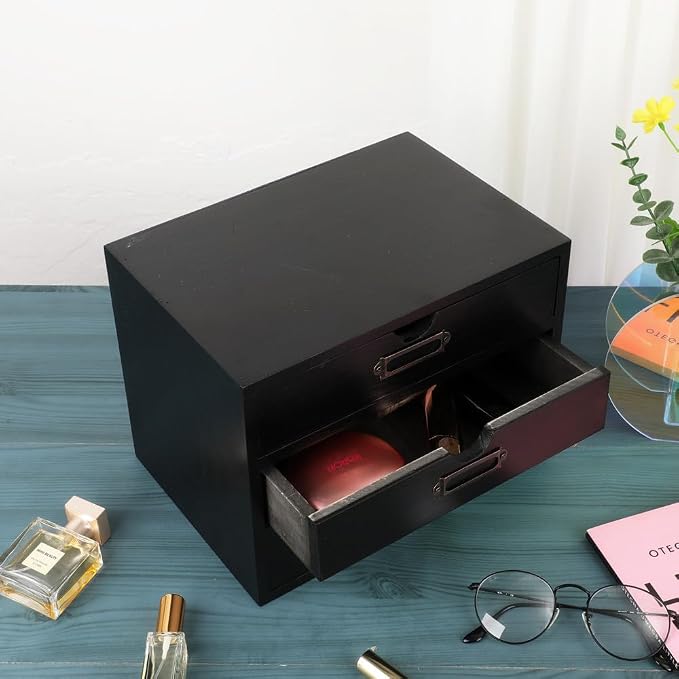 Small Wooden Drawers Wooden Box with Drawer Black | 3 Drawer Storage Box for Apothecary Cabinet, Apothecary Drawers，Desktop Organizer with Metal Handles for Office，Home