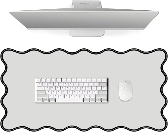 Leather Desk Mat, XXL Large 31.4x15.7in Scalloped Gaming Mouse pad，Non-Slip Rubber Base Keyboard Pad Mousepad for Laptop Computer Game Home Office，Waterproof and Oilproof Desktop Mat I Gray