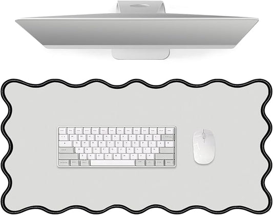 Leather Desk Mat, XXL Large 31.4x15.7in Scalloped Gaming Mouse pad，Non-Slip Rubber Base Keyboard Pad Mousepad for Laptop Computer Game Home Office，Waterproof and Oilproof Desktop Mat I Gray