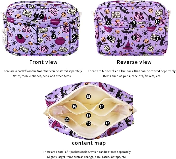 E-WEICHEN Multiple Pockets Portfolio Organizer with Zippered, Makeup Bag Travel Essentials for Women, Simple Waterproof Stationery Pencil Pouch Bag for Journal Office Art Supplies.Purple Halloween