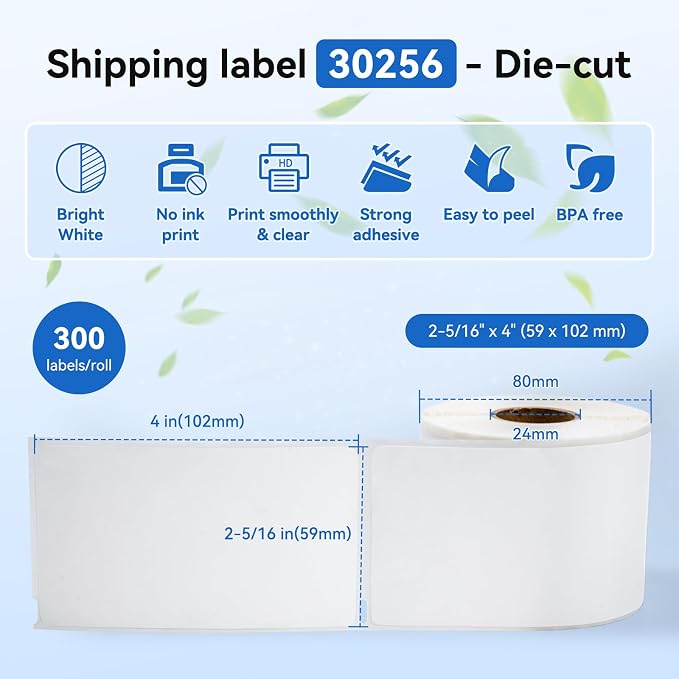 Compatible with Dymo Labelwriter 30256 Large Shipping Labels 2-5/16'' x 4'' | Thermal white paper label, for LW 450 Twin Turbo Duo printer, 59 mm x 102 mm, 300/Roll, 1 Roll, Black on white