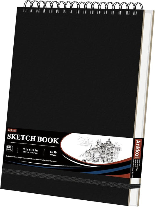 Ankkol 9x12 Sketch Book, Top Spiral Bound Sketchbook,100 Sheets_68lb/100gsm | Art Sketch Pad for Kids, Adults, Beginners, Artists, Acid-Free Sketch Paper, Thick Drawing Paper, Hardcover, Perforated Pages