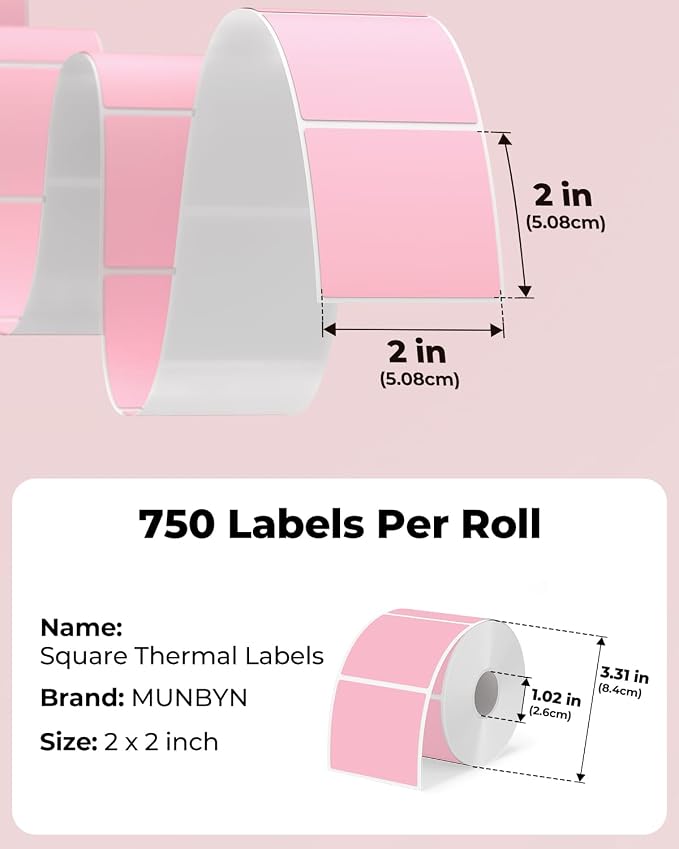MUNBYN 2x2 Thermal Labels, 750 Sheets/Roll, Pink | Strong Adhesive & Perforated, Non BPA&BPS for Small Business, Barcode, Bakery, Shipping