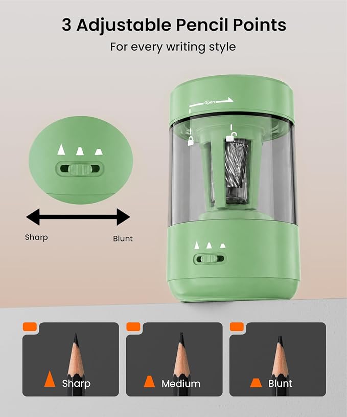 Electric Pencil Sharpener for Classroom, Fully Automatic Pencil Sharpener for 6-8mm Pencils & Colored Pencils, Auto in & Out, Type-C Rechargeable Pencil Sharpeners for Home, School, Green