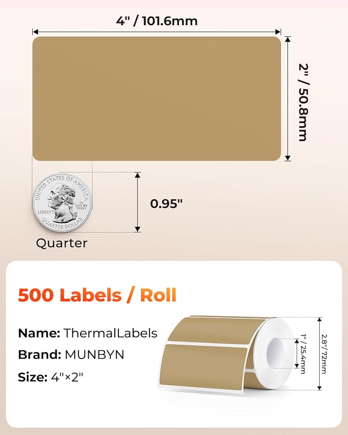 MUNBYN 4x2 Thermal Labels, 500 Sheets/1 Roll, Brown | Strong Adhesive & Perforated, Non BPA&BPS for Small Business, Barcode, Bakery, Inventory, Price Tag